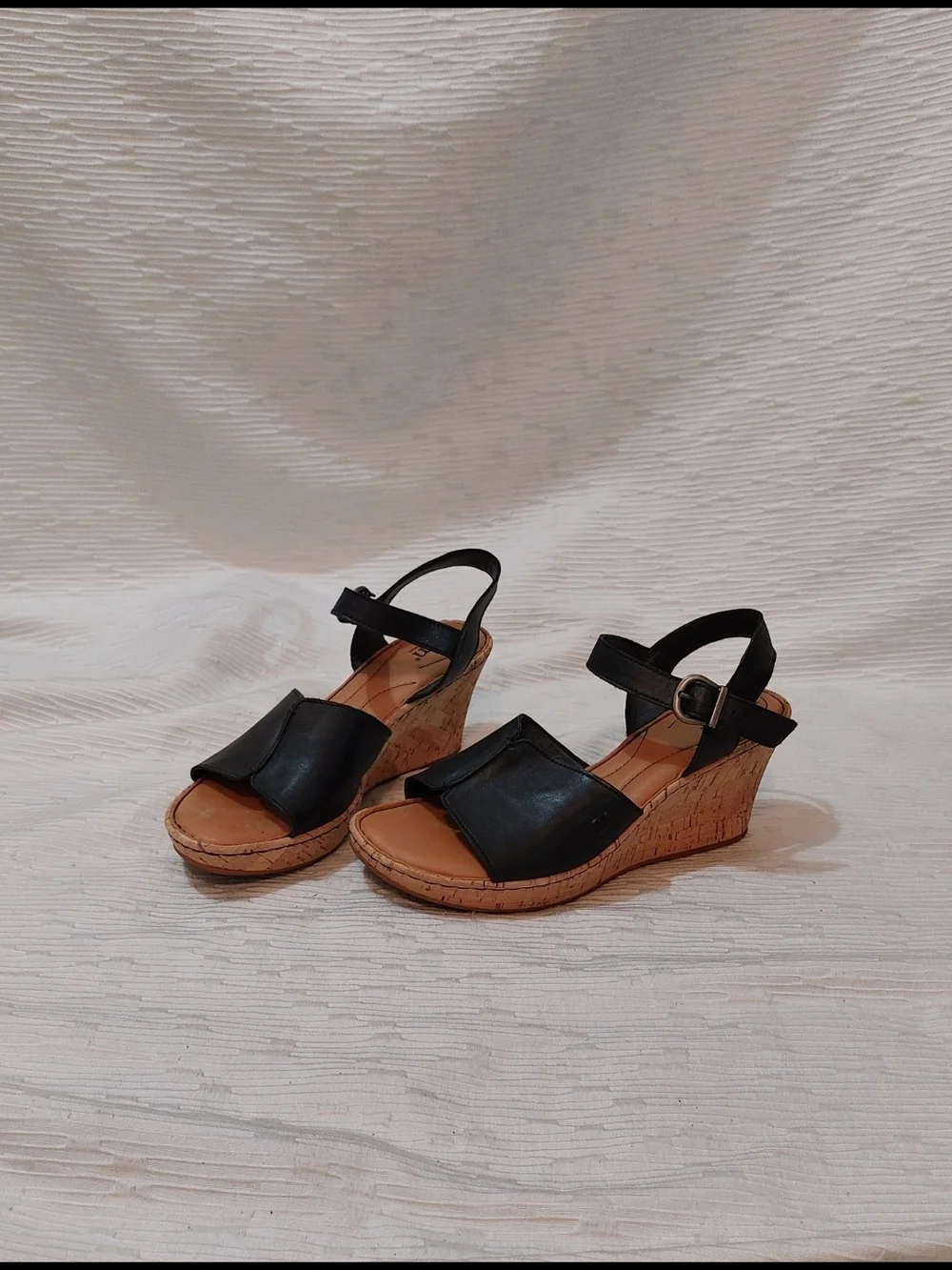 Born Black Leather Wedge Sandals with Cork Heel Women's Size 10M